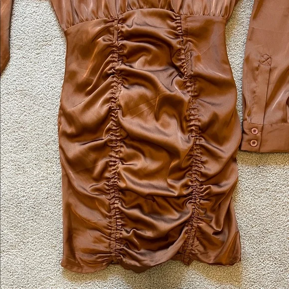 Mable Brown Satin Rouched Mini Dress Size Small - Picture 3 of 7